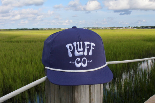 Blue and white pluff co hat